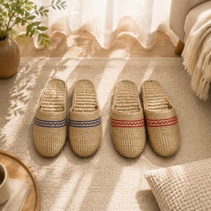 Handwoven Straw Slippers—Lightweight Indoor Slippers, Naturally Woven Summer House Slippers, Comfortable and Minimalist Boho-Style Footwear