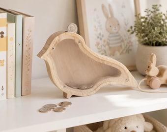 Cofrinho de madeira em formato de pássaro, cofre infantil personalizado, decoração para quarto de bebê com tema floresta, presente para chá de bebê, lembrança do primeiro aniversário.