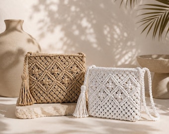 Borsa boho in corda di cotone intrecciata, borsa per invitati a matrimoni in spiaggia, borsa a tracolla stile vacanza