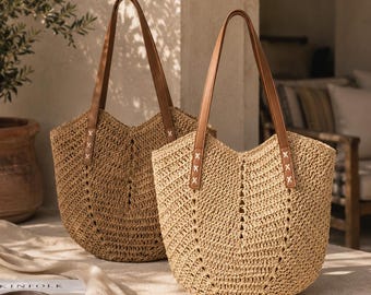 Handwoven straw shoulder tote bag, bridesmaid welcome gift bags, and summer vacation beach bags