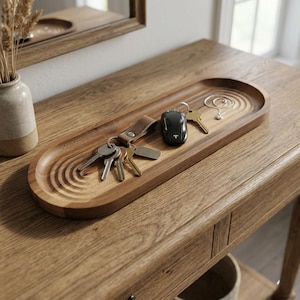 Może przedstawiać: Drewniana, owalna taca z rzeźbionym wzorem koncentrycznych okręgów. Taca zawiera klucze, brelok do kluczy samochodowych i skórzany brelok do kluczy. Taca jest umieszczona na drewnianym stole, obok małego wazonu z suszoną pszenicą.