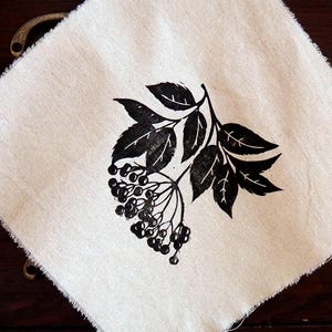 Botanical Elderberry Patch, Hand Printed Linocut Fabric Panel, Folk Nature Patch for Quilting & Sewing