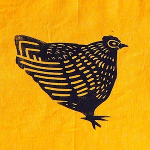 Chicken Fabric Patch, Hand Printed Hen Linocut Patch, Farmhouse Quilt Patch, Easter Sewing