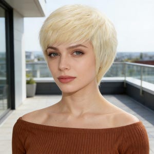 Könnte beinhalten: Eine Person mit heller Haut und blauen Augen, die ein braunes schulterfreies Oberteil trägt. Sie hat kurze, gestufte, hellblonde Haare. Der Hintergrund zeigt einen Balkon mit Stadtblick.