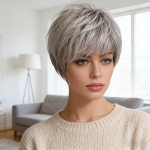 Customization，Silver Gray Short Layered Pixie Wig – Natural Fluffy Synthetic Wig for Daily Wear & Gifting