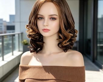 Anpassning, lockigt bob-peruk av äkta hår, bruna slingor med gyllenblond hår, axellång peruk av äkta hår för kvinnor