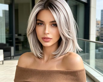 Peluca corta bob rubia platino personalizable, peluca sintética resistente al calor con raíces oscuras degradadas.