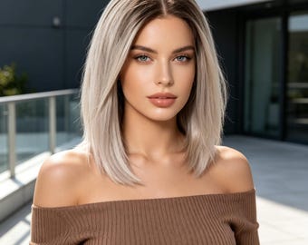 Anpassung ， Ombre Platinblonde Bob-Perücke, hitzebeständige synthetische Perücke, natürliche Asche blonde geschichtete Perücke, tägliche Kleidung Balayage-Perücke für Frauen