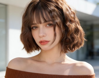 Anpassung ， Valentinstag Reich Braun Curly Bob Perücke mit Pony - Romantisches Kurzes Haar für Frauen, hitzebeständige Synthetische Perücke