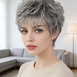 May include: A woman with short, layered, gray wig with bangs. The wig has a natural-looking texture and volume. She is wearing a beige sweater. The background includes a gray sofa and a floor lamp.