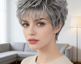 Anpassung ， Silbergraue lockige Pixie-Perücke - schicke kurze Haare für Frauen, hitzebeständige synthetische Perücke, perfektes Geschenk für sie