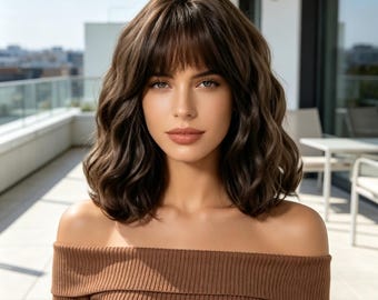 Anpassung, dunkelbraune gewellte synthetische Perücke mit Pony, kurzer Bob, hitzebeständig