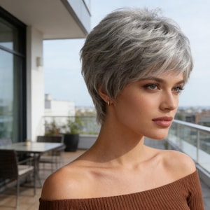 May include: A short, layered, silver-grey wig with a side-swept fringe. The wig has a natural texture and is styled to frame the face. The model is wearing a brown off-the-shoulder top. The background shows a balcony with a city view.