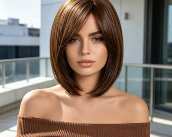 Customized labels,Brown Bob Wig with Side Bangs, Straight Synthetic Wig, Heat Resistant, Natural Looking, Daily Party Hair for Women