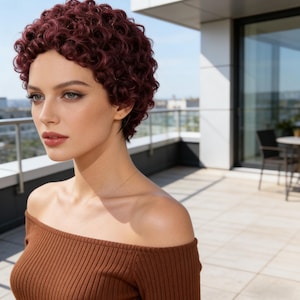 Customization，Short Burgundy Curly , Heat Resistant Synthetic Wig, Realistic Pixie Curly Wig for Women, Daily Wear Party Wig, Cute Red