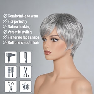 K&ouml;nnte beinhalten: Ein Schaufensterpuppenkopf mit einer kurzen, silbergrauen Per&uuml;cke. Die Per&uuml;cke hat einen geschichteten, strukturierten Stil mit seitlich gefegtem Pony. Das Bild enth&auml;lt Symbole f&uuml;r Haarstyling-Tools und den Text "Angenehm zu tragen", "Passt perfekt", "Nat&uuml;rliches Aussehen", "Vielseitiges Styling", "Schmeichelnde Gesichtsform" und "Weiches und glattes Haar".