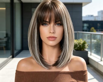 Customization,Ash Brown Highlight Bob Wig with Bangs, Short Straight Synthetic Wig for Women, Heat Resistant, Daily Cosplay Party Wig