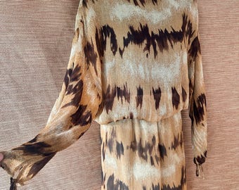 Nygard Silk Blouse Skirt Set, Batik Animal Print, 1980's Formal Event Outfit