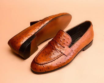 Handmade Mens Ostrich Print Loafers, Tan Genuine Leather Slip Ons, Classic Cognac Dress Shoes, Premium Leather Sole Shoes, Formal Men Loafer