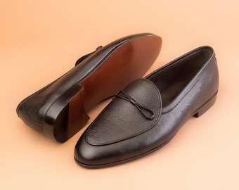Handmade Black Pebble Grain Leather Loafers – Belgian Bow Tuxedo Dress Shoes