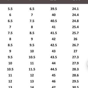 K&ouml;nnte beinhalten: Schuhgr&ouml;&szlig;entabelle f&uuml;r Herren mit UK-, US-, EU- und CM-Gr&ouml;&szlig;en. Die Tabelle reicht von UK 5.5 (US 6.5, EU 39.5, 24.1 cm) bis UK 14 (US 15, EU 48, 31.1 cm).