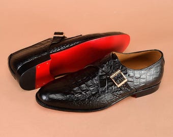 Men's Black Crocodile Embossed Leather Monk Strap Shoes, Double Buckle Formal Dress