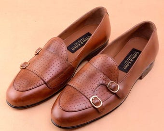 Handcrafted Brown Perforated Leather Double Monk Strap Loafers – Men's Breathable Dress Shoes