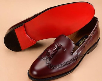 Red Bottom Burgundy Tassel Loafers - Men's Wingtip Brogue Dress Shoes - Handmade Oxblood Slip Ons - Luxury Wedding Groom Groomsmen Shoes