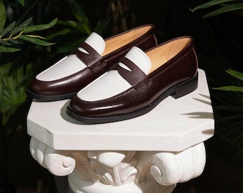 Mocassini in pelle bicolore realizzati a mano, scarpe eleganti modello "spectator" marroni e bianche