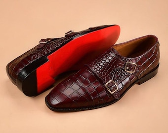 Handmade Crocodile Embossed Leather Double Monk Strap Shoes, Sleek Cap Toe, Business Formal