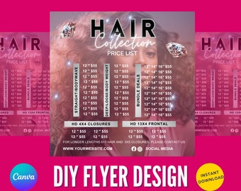 Hair Price List Flyer Templates | DIY Beauty Salon Braids Wig Stylist Pricing Design Boutique Social Media Editable Canva