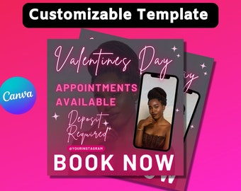 Valentines Day Salon Booking Flyers, Beauty Social Media Templates, Hair Makeup Nail DIY Canva Designs Download