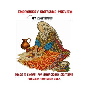 Op de afbeelding: Een borduur-digitaliseringsvoorbeeld met een persoon in een hoofddoek en tuniek met patroon die aan een rood bloemrijk textiel werkt. Naast hen staat een koperkleurige kan en een blauwe kom. Tekst: EMBROIDERY DIGITIZING PREVIEW, MY DIGITISING.