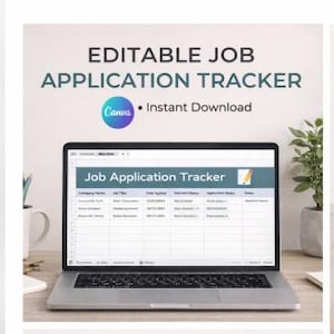 Peut inclure: Un ordinateur portable affiche un modèle de « Suivi des candidatures modifiable ». L'écran montre une feuille de calcul avec des colonnes pour le nom de l'entreprise, le titre du poste et le statut de la candidature. Le texte « Canva » et « Téléchargement instantané » sont également visibles.