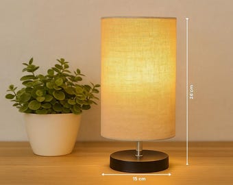 Moderne minicilinderlamp met houten voet | Stoffen nachtkastje licht