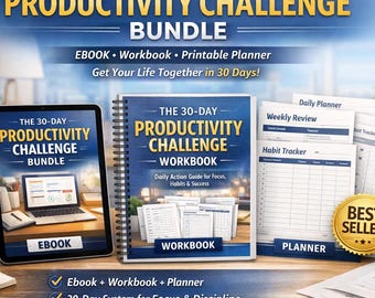 Paquete de reto de productividad de 30 días / Libro electrónico, cuaderno de ejercicios y planificador imprimible, sistema de reinicio de enfoque y disciplina (descarga en PDF)