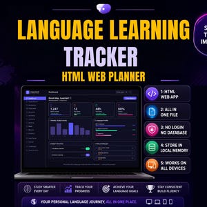 Könnte beinhalten: Ein digitaler Sprachlerntracker auf einem Laptop-Bildschirm mit dunkler Benutzeroberfläche, Diagrammen und Fortschrittsanzeigen. Der Text umfasst "LANGUAGE LEARNING TRACKER", "HTML WEB PLANNER" und fünf Hauptmerkmale: HTML WEB APP, ALL IN ONE FILE, NO LOGIN NO DATABASE, STORE IN LOCAL MEMORY und WORKS ON ALL DEVICES.