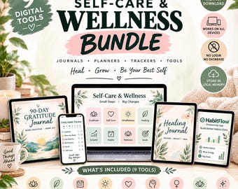 May include: A digital self-care and wellness bundle featuring a laptop, tablet, and smartphone displaying various journals, planners, and trackers. The text reads Self-Care & Wellness Bundle, 90-Day Gratitude Journal, Healing Journal, and HabitFlow.