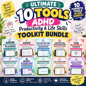May include: A digital ADHD productivity toolkit bundle featuring 10 tools including a daily/weekly planner, dopamine menu, executive function workbook, rescue tool, time blindness clock, decision fatigue reducer, body doubling workspace, overthinking breaker, brain dump, and nervous system regulation workbook.