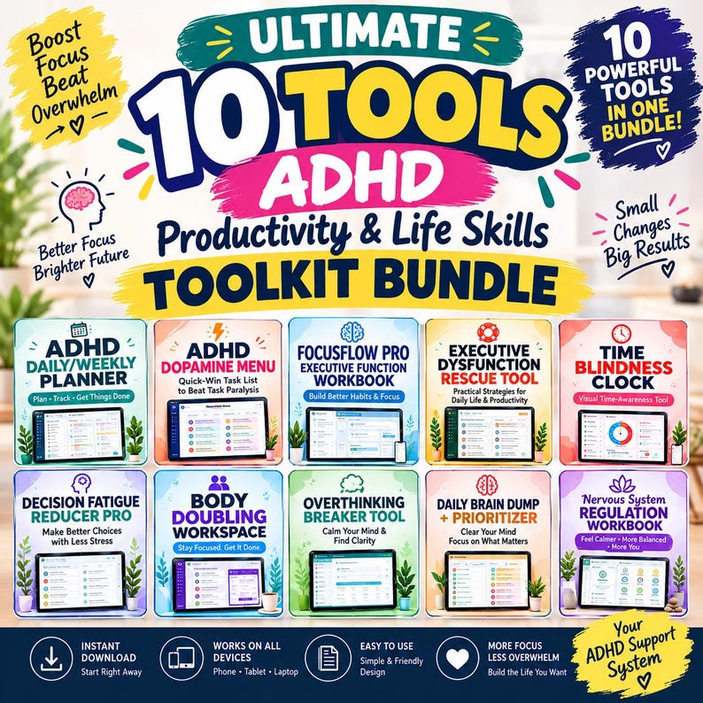 ADHD Executive Function Toolkit, 10 Digital Tools for Focus & Productivity (Instant Download)