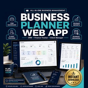 Peut inclure: Une interface d'application web de planification d'entreprise affichée sur un ordinateur portable, une tablette et un smartphone. L'écran montre un tableau de bord avec des rapports de revenus, suivi client et outils financiers. Un mug bleu foncé et un carnet.