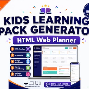 May include: A digital product graphic titled Kids Learning Pack Generator HTML Web Planner. It features a laptop and smartphone displaying a dashboard interface, with five numbered feature icons, an orange All In One Solution banner, and an Instant Download badge.