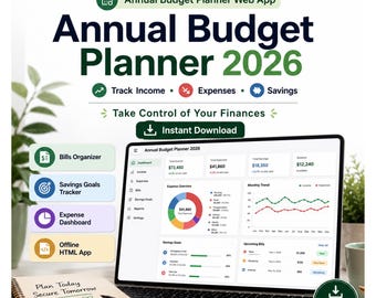 Aplicación HTML para planificar el presupuesto anual, realizar un seguimiento financiero anual, consultar el resumen del presupuesto de 12 meses y organizar las facturas (descarga digital).