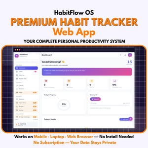 Może przedstawiać: Cyfrowy tablet wyświetla interfejs aplikacji HabitFlow OS Premium Habit Tracker Web App. Ekran pokazuje pulpit nawigacyjny ze wskaźnikami postępu, kalendarzem i tekstem "Good Morning!". Aplikacja jest przeznaczona dla urządzeń mobilnych, laptopów i przeglądarek internetowych.