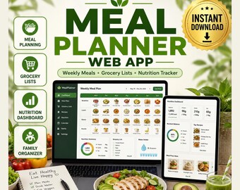 Aplicación de planificación semanal de comidas, lista de la compra, seguimiento nutricional, descarga digital para preparación de comidas.