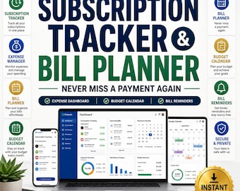Aplicación de seguimiento de suscripciones / Planificador de facturas, Panel de gastos, Calendario presupuestario, Registro de auditoría de cargos recurrentes (Descarga digital)