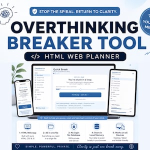 May include: An Overthinking Breaker Tool HTML web planner displayed on a laptop, tablet, and smartphone. The interface features a Quick Break dashboard with text stating You're stuck in a loop. Includes five feature icons for web app functionality.