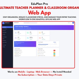 Op de afbeelding: Een digitale interface voor de EduPlan Pro web-app, een planner voor leraren en een klasorganisator. Het scherm toont een dashboard met datavisualisaties en de tekst "Good morning, Teacher!". De app is ontworpen om leraren te helpen georganiseerd te blijven.