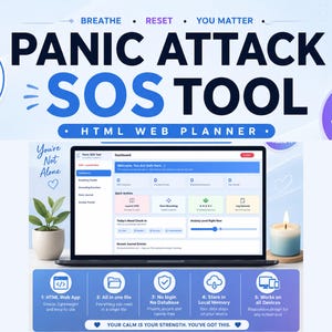 Può includere: Uno strumento digitale di pianificazione web HTML Panic Attack SOS Tool visualizzato su uno schermo di un portatile. L'interfaccia presenta una dashboard con esercizi di respirazione, monitoraggio dell'umore e voci di diario. Il testo include BREATHE, RESET, YOU MATTER e PANIC ATTACK SOS TOOL. Il design utilizza toni blu e bianchi con icone per le funzioni dell'app.