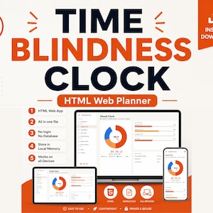 Könnte beinhalten: Ein digitales Produkt mit dem Titel TIME BLINDNESS CLOCK HTML Web Planner. Die Grafik zeigt einen Laptop, ein Tablet und ein Smartphone mit einer visuellen Uhrenoberfläche mit orangefarbenen und blauen Kreisdiagrammen. Zu den Funktionen gehören HTML-Web-App, Einzeldatei, kein Login, keine Datenbank, lokaler Speicher und geräteübergreifende Kompatibilität.